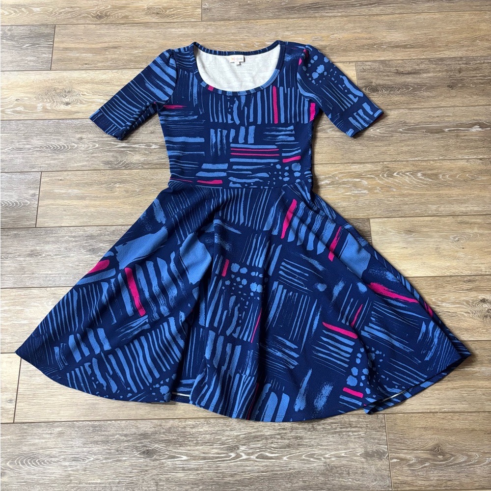 LulaRoe Nicole Dress Sz M Skater Blue Pink Whimsical Lounge Comfy Fun Flirty